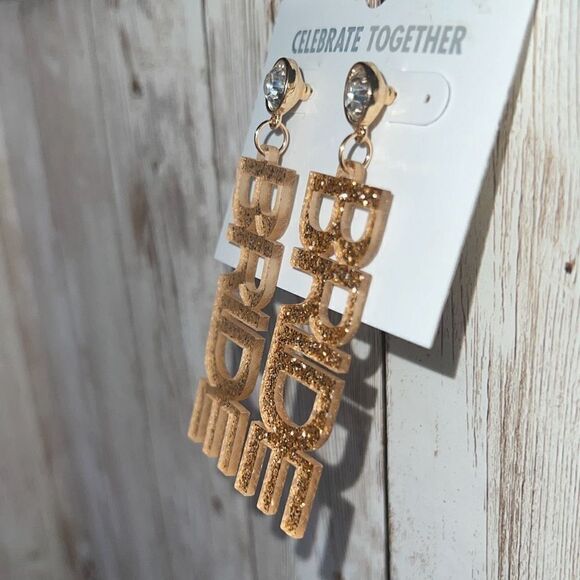 Celebrate Together Gold Tone Sparkle "Bride" Drop Earrings NWT Bachelorette Gift - Picture 5 of 5
